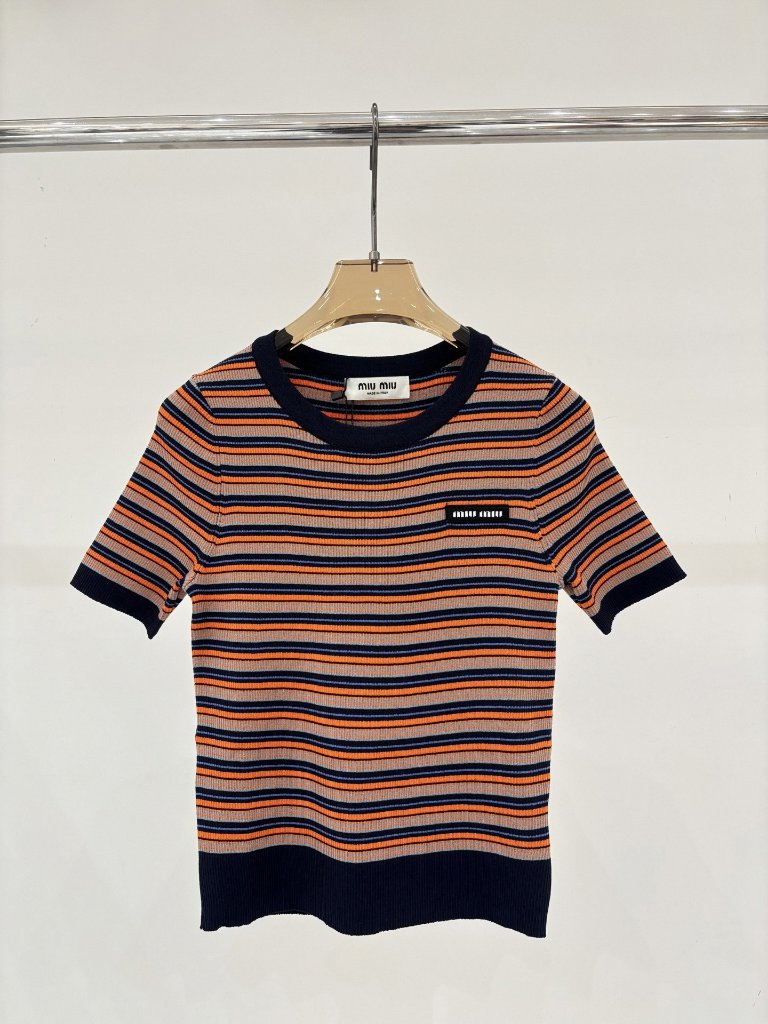 Miu Miu - Blue - Knit Short-Sleeve - Round Neck With Orange, Gray, And Blue Fine
